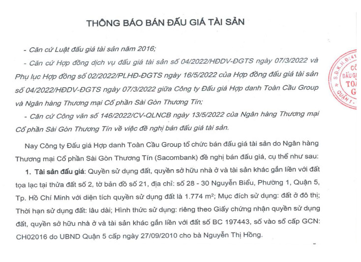 Thông báo đấu giá tài sản